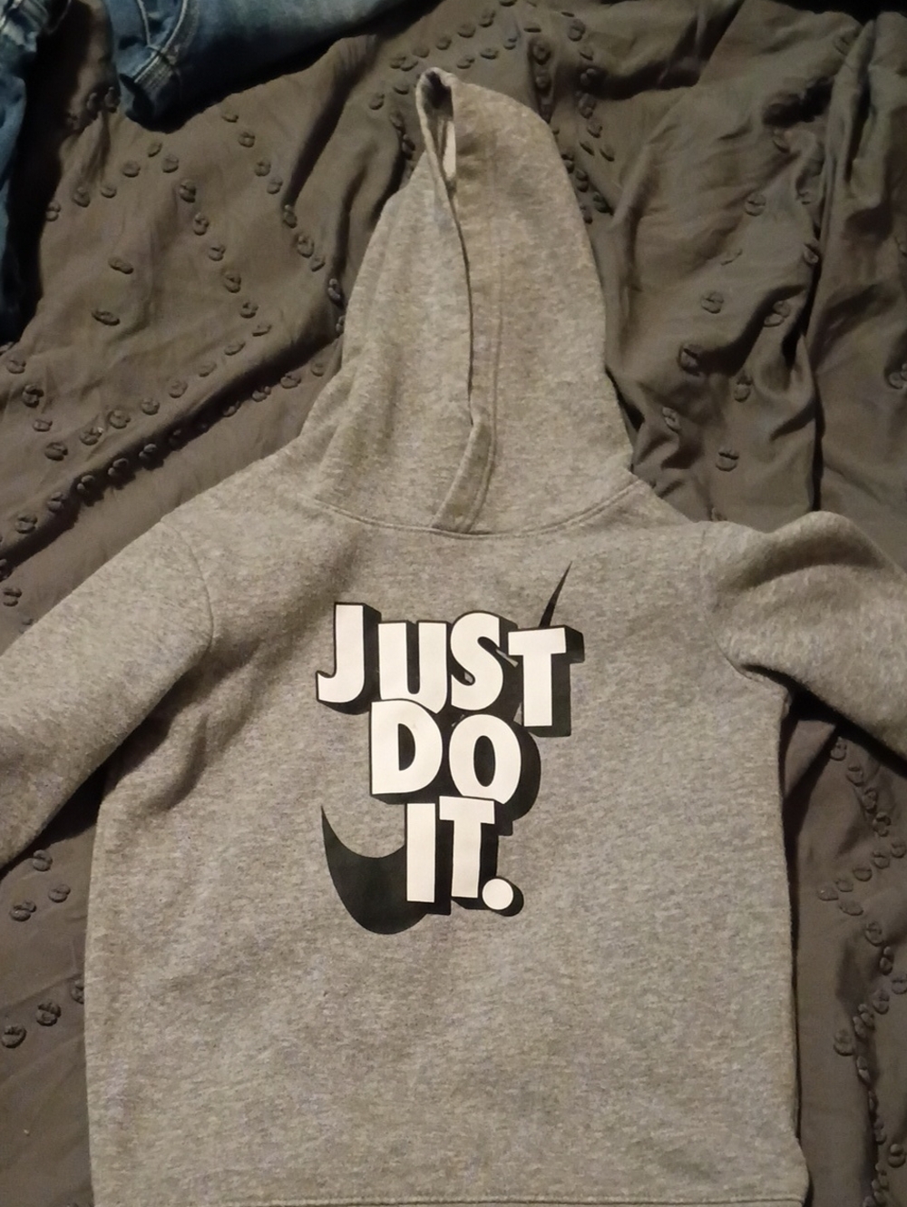 Nike Kids Gray Hooded Sweatshirt with White & Black 'Just Do It.' Graphic